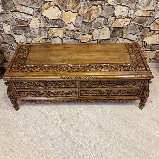 Hand-carved Antique Style Rustic Boho Walnut Wood TV Stand