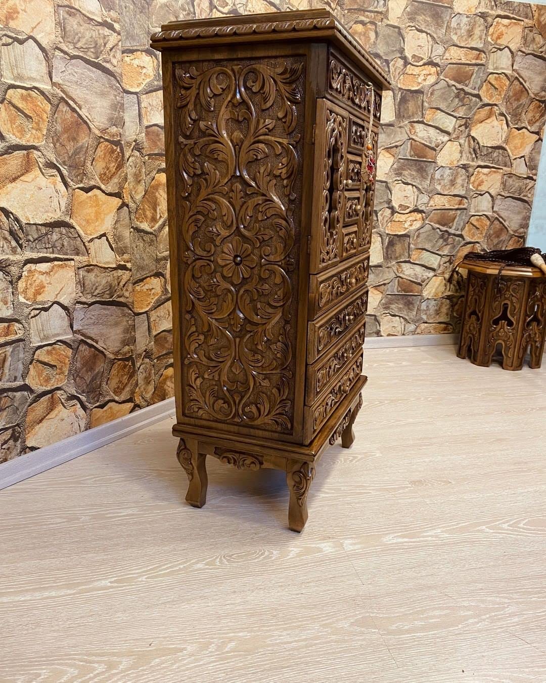 Antique Walnut Carved Side Table with Drawers and Doors