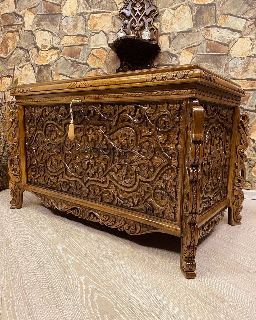 Handmade Walnut Carved Decorative Dowry Chest | Large Wooden Storage Trunk