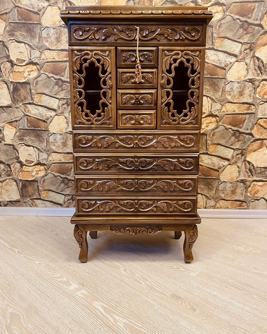 Antique Walnut Carved Side Table - Wooden Console with Drawers and Doors