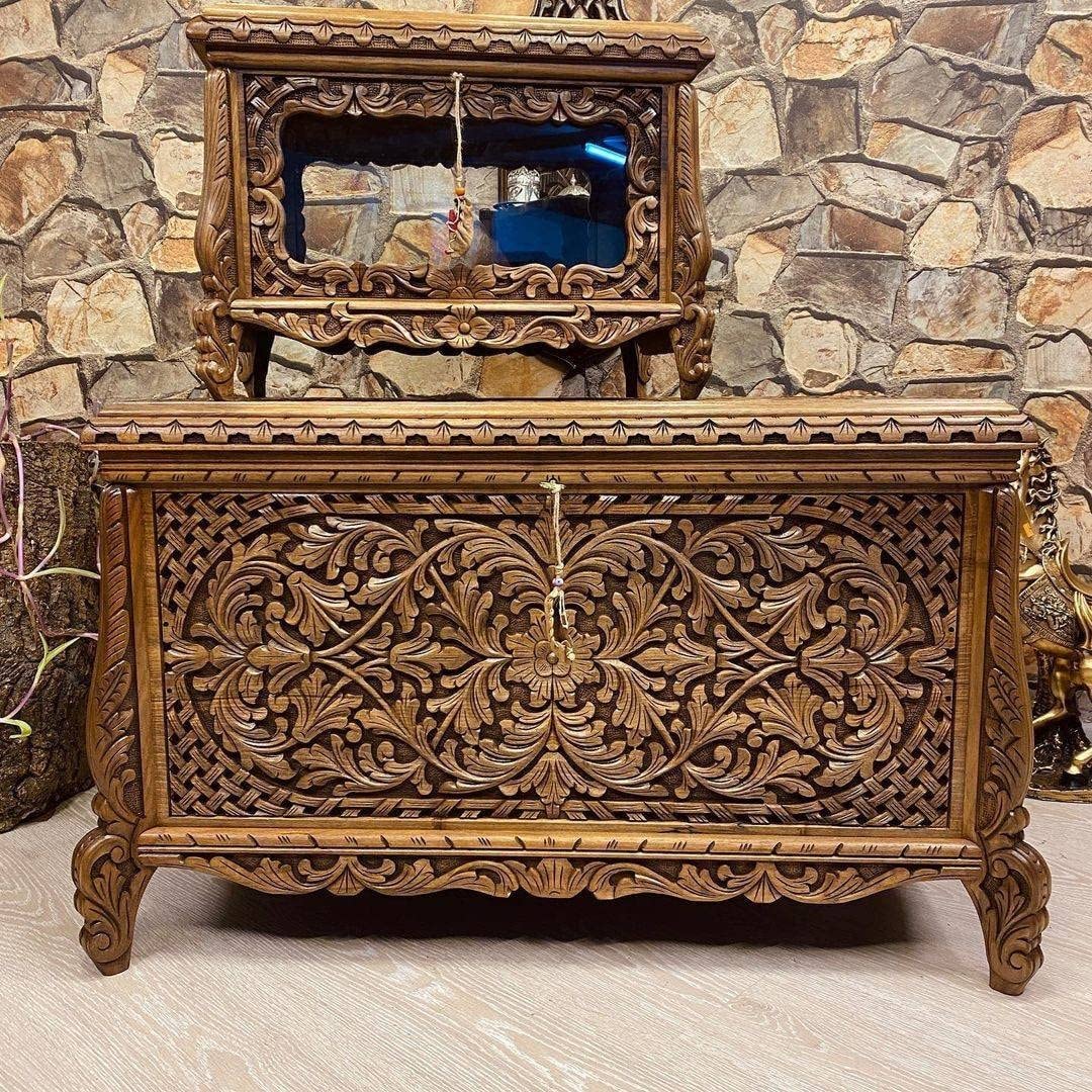 Artistic Design Walnut Carved Chest Set | Vintage Dowry Chest and Glass Writing Chest