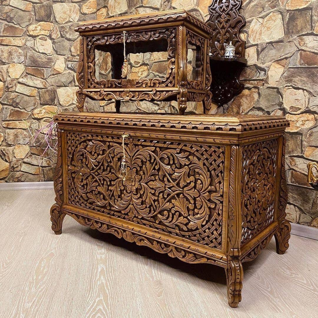 Handcrafted walnut wood furniture set