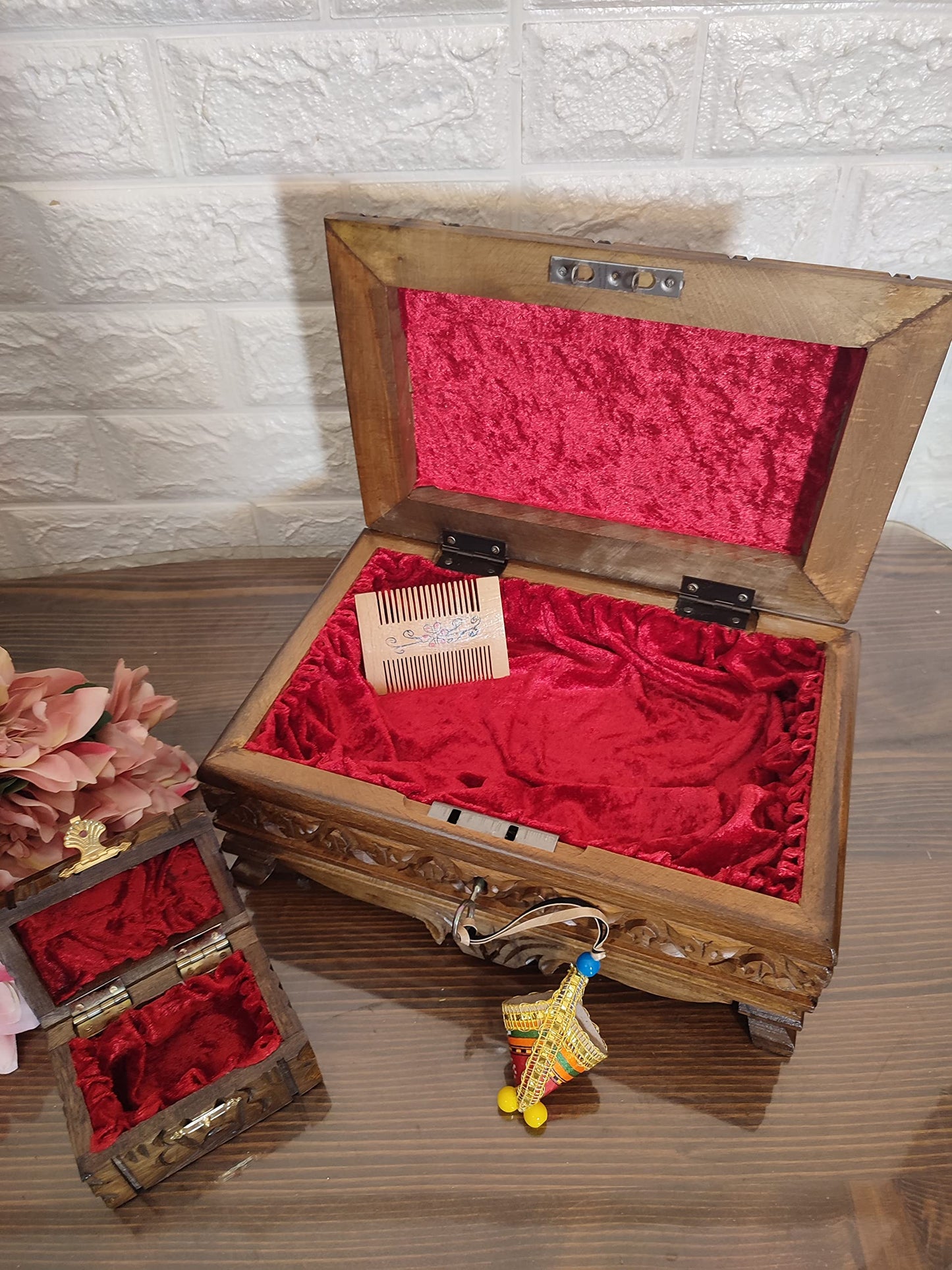 Handmade Carved Wooden Locking Puzzle Keepsake Box | Walnut Wood | 10.24 x 6.3 x 5.91 in