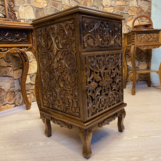 Handmade Walnut Carved Nightstand with Gold Accents