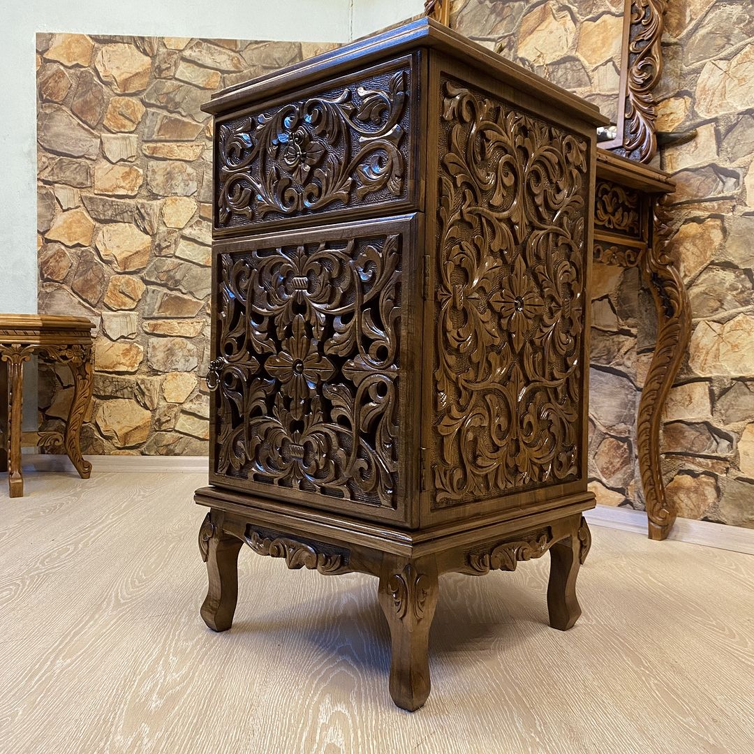 Handmade Walnut Carved Nightstand | Rustic Farmhouse Bedside Cabinet