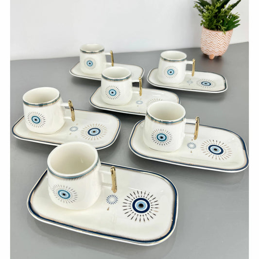 Elegant Turkish Coffee Cup Set with Eye Pitcher - 6-Piece Espresso Cups & Saucers