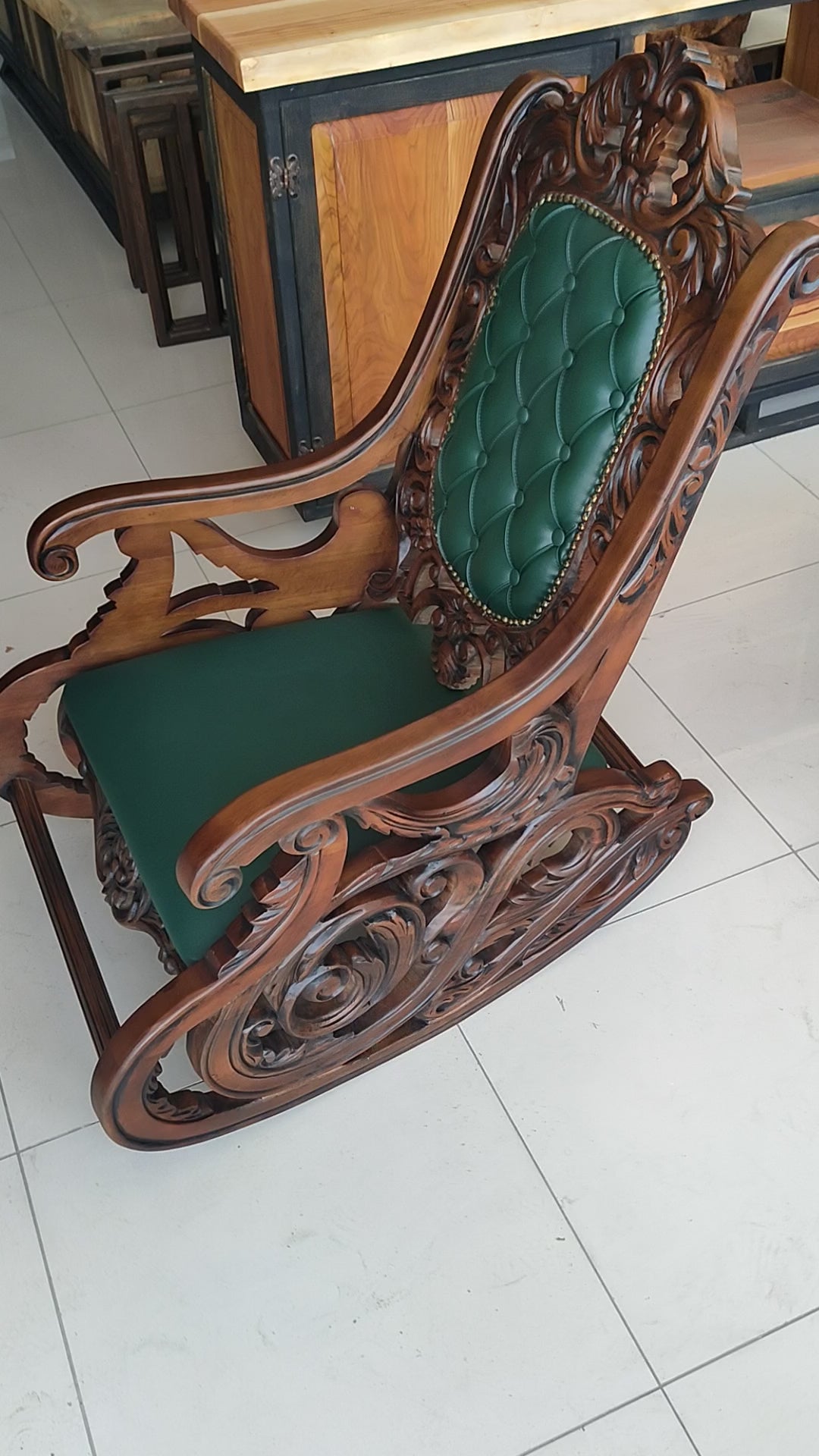 Genuine leather upholstery on antique chair
