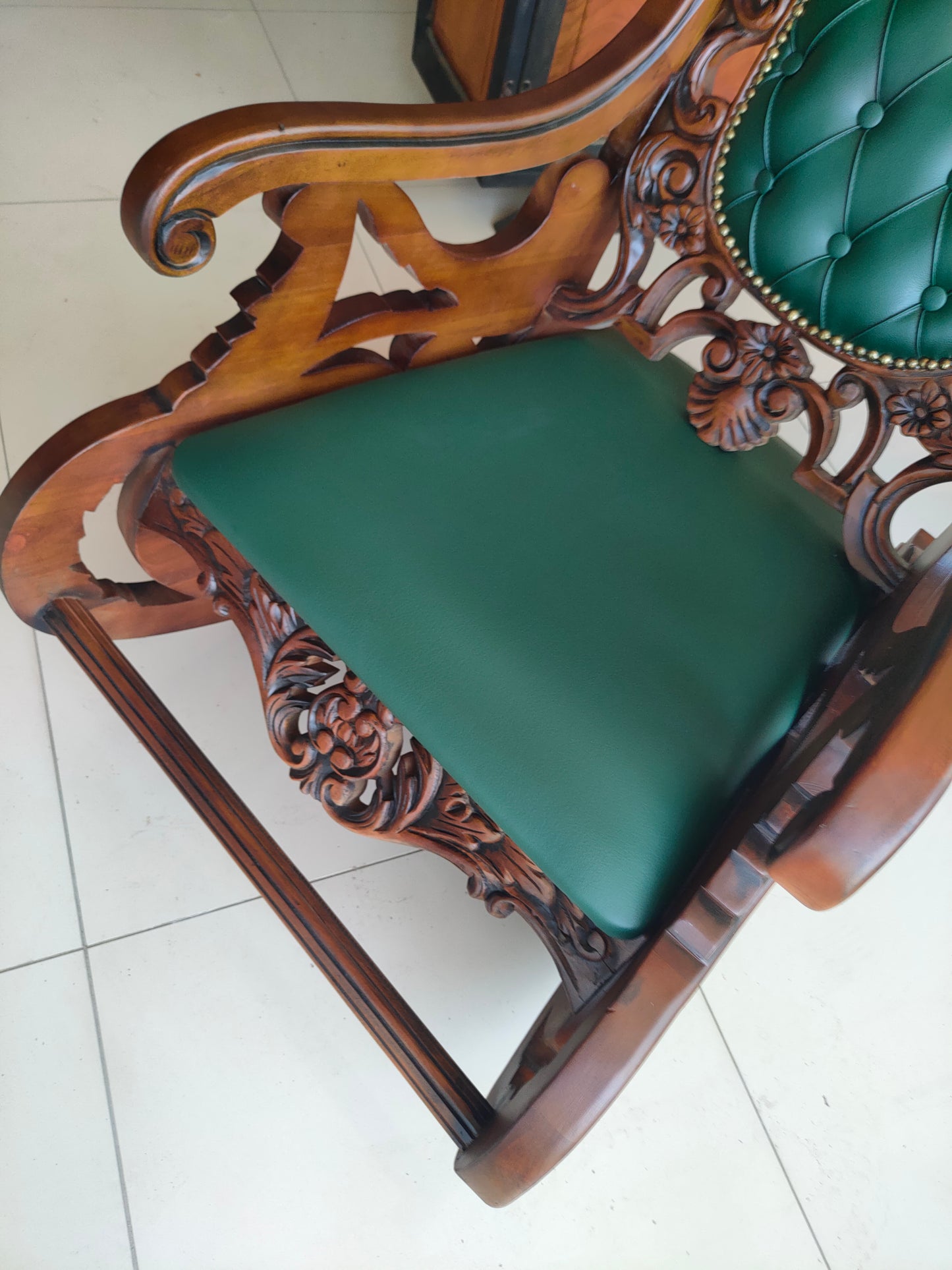 Green Hand-Carved Baroque Rocking Chair | Vintage French Rococo Furniture